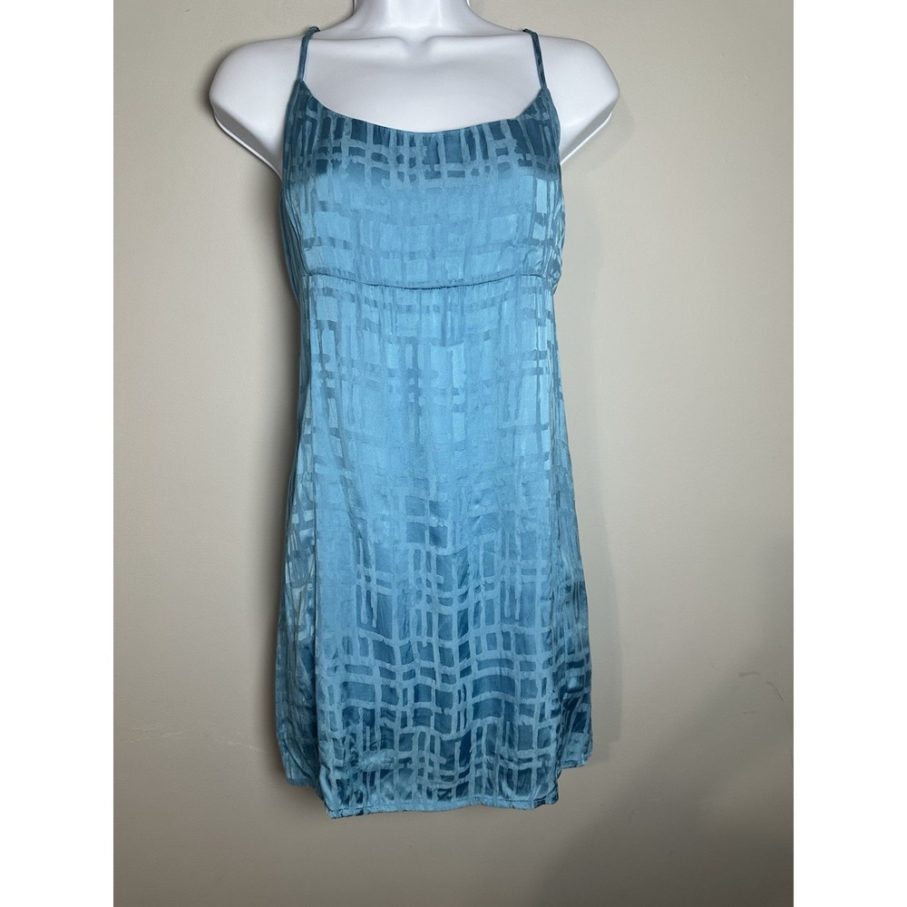 Ghanda Coastal Blue Satin Mini Slip Dress Tie Back Geometric Jacquard Size M